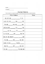 English worksheet: number patterns