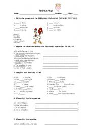 English Worksheet: Revision worksheet (to be, personal pronouns, a/an, animals vocabulary)