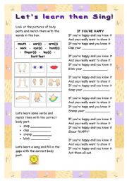 English Worksheet: body parts and if youre happy song