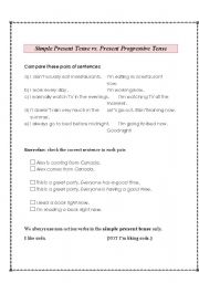 English worksheet: Simple Present Tense vs. Present Progressive Tense