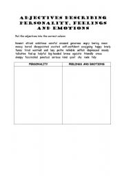 English worksheet: Adjectives describing personality, feelings and emotions