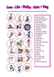 English Worksheet: love-like-dislike-hate+gerund with s.present tense