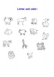 English Worksheet: Listen and color the animals