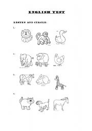 English worksheet: Animals test for preschool, a listening test.