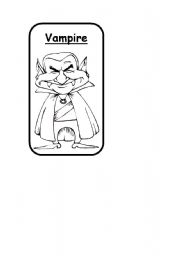 Vampire, Bat, Dragon B&W Halloween Flashcard 
