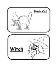 English Worksheet: Black Cat, Witch, Jack oLantern, Monster B&W Halloween Flashcard