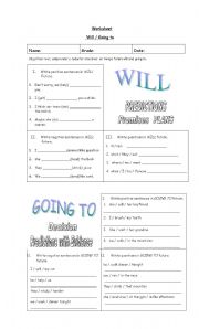 English Worksheet: worksheet will and going to