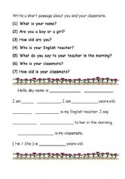 English worksheet: Write a short passage about your classmate and you