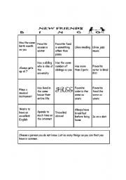 English worksheet: New friends Bingo