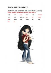 English Worksheet: Body Parts - Bratz Theme (+ Heads Shoulders Knees and Toes)