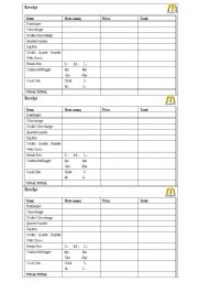 English Worksheet: McDonalds Receipts