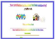 English worksheet: certificate -contribution to the class