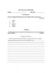 English Worksheet: The Lake Isle of Innisfree - Activity