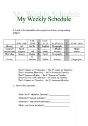 English Worksheet: My Weekly Schedule