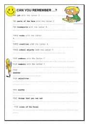 English Worksheet: Can you Remember...?  Vocabulary Revision