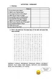 English Worksheet: Interview + Wordhunt (activities + days of the week)