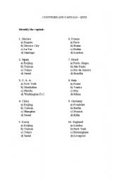 English worksheet: Countries and capitals quiz