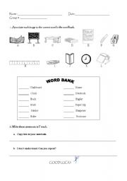 English Worksheet: classroom objects and expressions