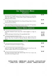 English Worksheet: RESTAURANT MENU