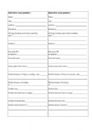 English worksheet: Interview your partner/ a question sheet