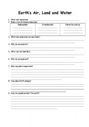 English worksheet: Earths Air, Land and Water