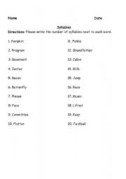 English worksheet: Syllables