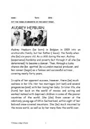 English Worksheet: AUDREY HEPBURN  Bio to complete