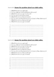 English worksheet: answer the questions about your daily routine