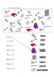 English Worksheet: school objects and numbers