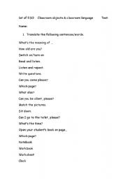 English worksheet: test classroom language & classroom objects 