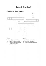 English Worksheet: Days of the Week Crossword
