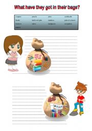 English Worksheet: WHAT HAVE THEY GOT IN THEIR BAGS? classroom objects