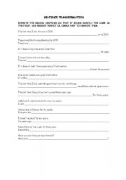 English Worksheet: sentence transformation - Present perfect and simple past