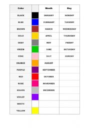 English worksheet: Colors, months and day of the week