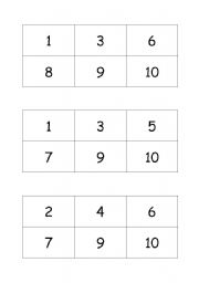 English worksheet: Playing bingo 1 to 10 - 27 different cards