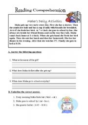 English Worksheet: reading comprehension