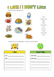 English Worksheet: I like - I dont like