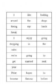 English worksheet: Verb patterns sentence scramble