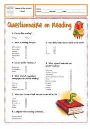 English Worksheet: questionnaire on reading