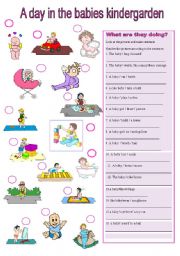 English Worksheet: A day in the kindergarden-present progressive