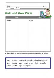 English worksheet: body and face