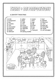 in the kitchen/ there + be/ prepositions