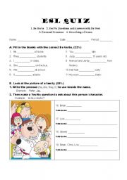 English Worksheet: ESL Quiz (2 pages with a big colorful picture to be posted on the board)