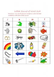 English worksheet: Initial Sound Word Sort: R, A, M, F