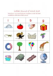 English worksheet: Initial Sound Word Sort: I, T, B, G