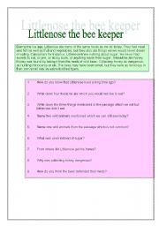 English worksheet: a written comprehension about a bee keeper