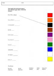 English Worksheet: Unscramble and use colours