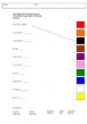 English worksheet: Unscramble and use colours