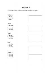 English Worksheet:  animals - using can