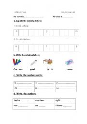 English worksheet: letters - classroom objects - numbers - read and complate sentence.match the sentence with the picture